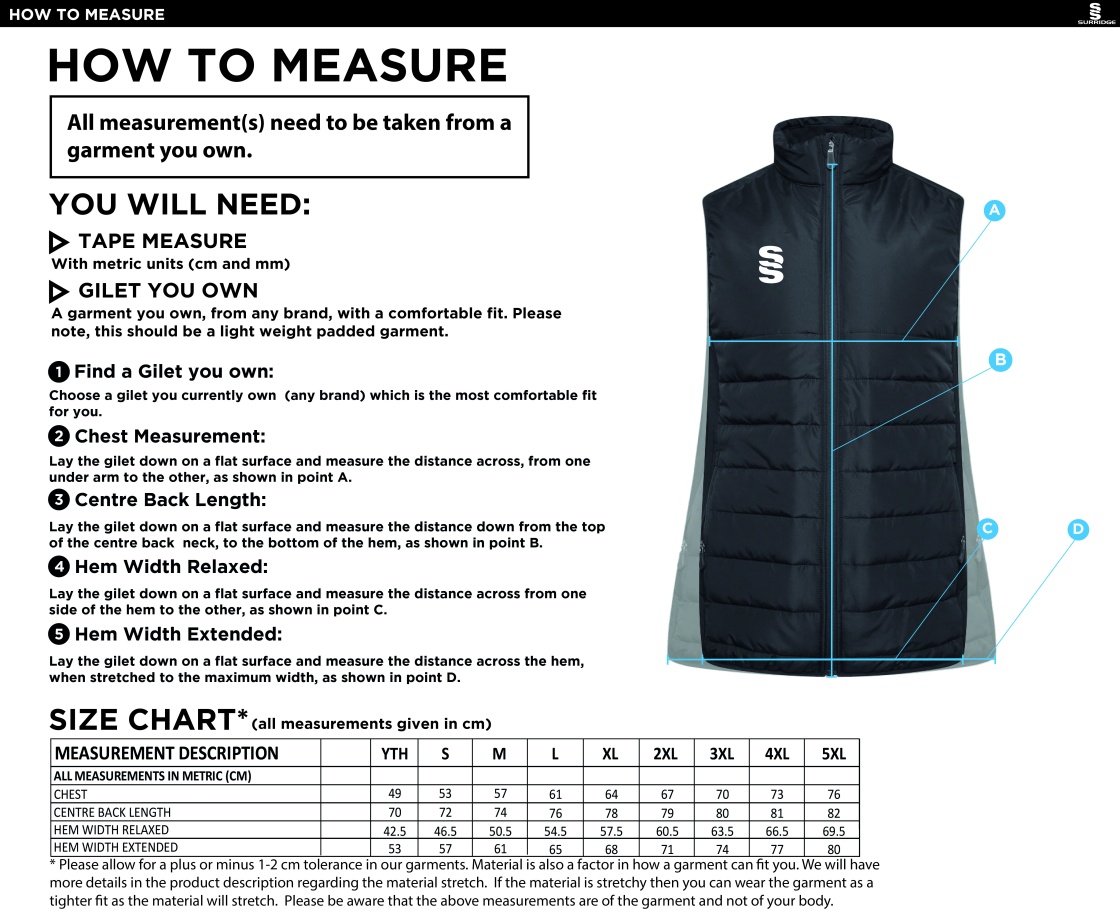 Peel Park Staff - Padded Bodywarmer - Unisex - Size Guide