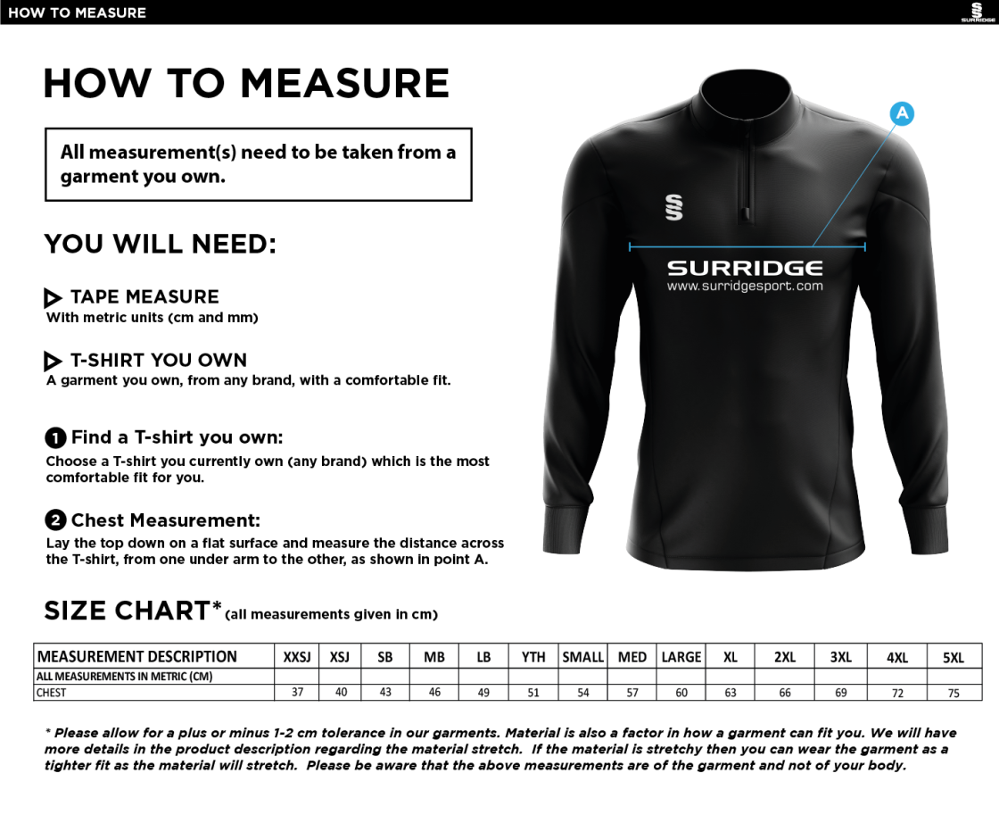 Peel Park Staff - 1/4 Zip Dual Performance Top - Men's - Size Guide